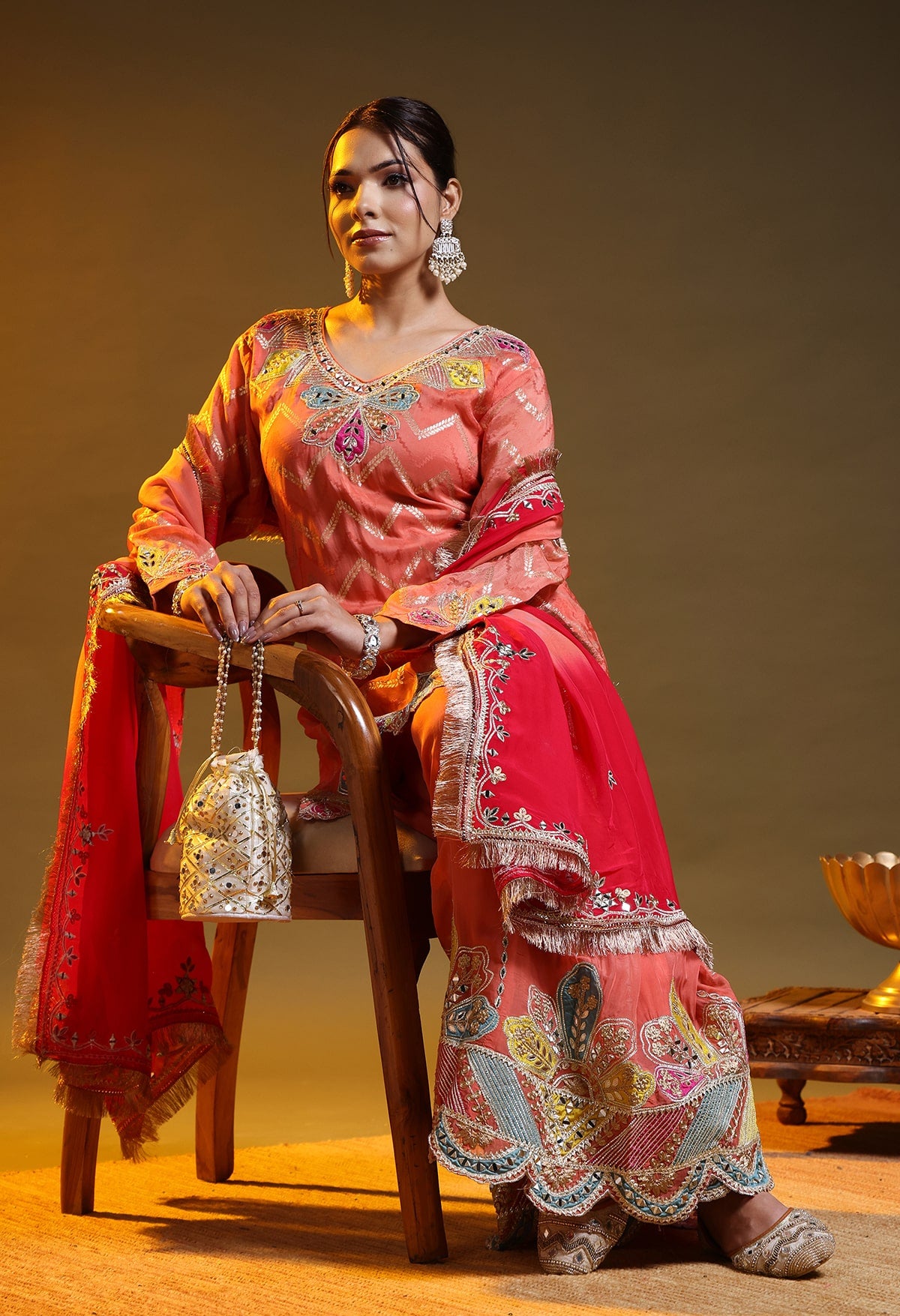 Carrot Peach Benarasi Silk & Organza Gotta–Applique–Zardozi–Mirror Sharara Set