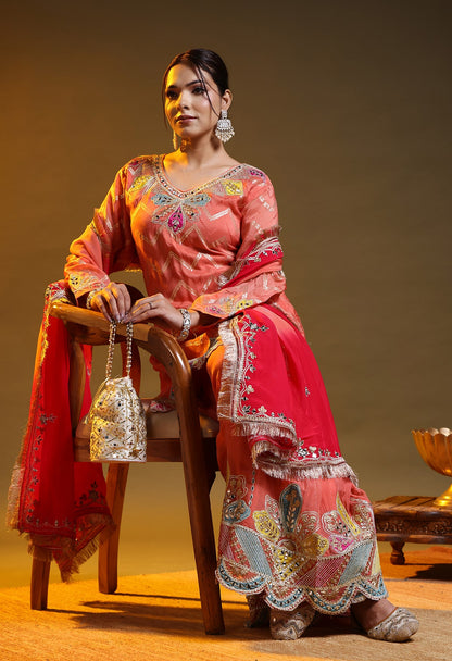 Carrot Peach Benarasi Silk & Organza Gotta–Applique–Zardozi–Mirror Sharara Set