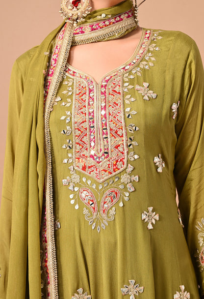 Beauitful Green Kurta Set with Gotta, Zardozi, Dabka, Mirror, and Applique Work