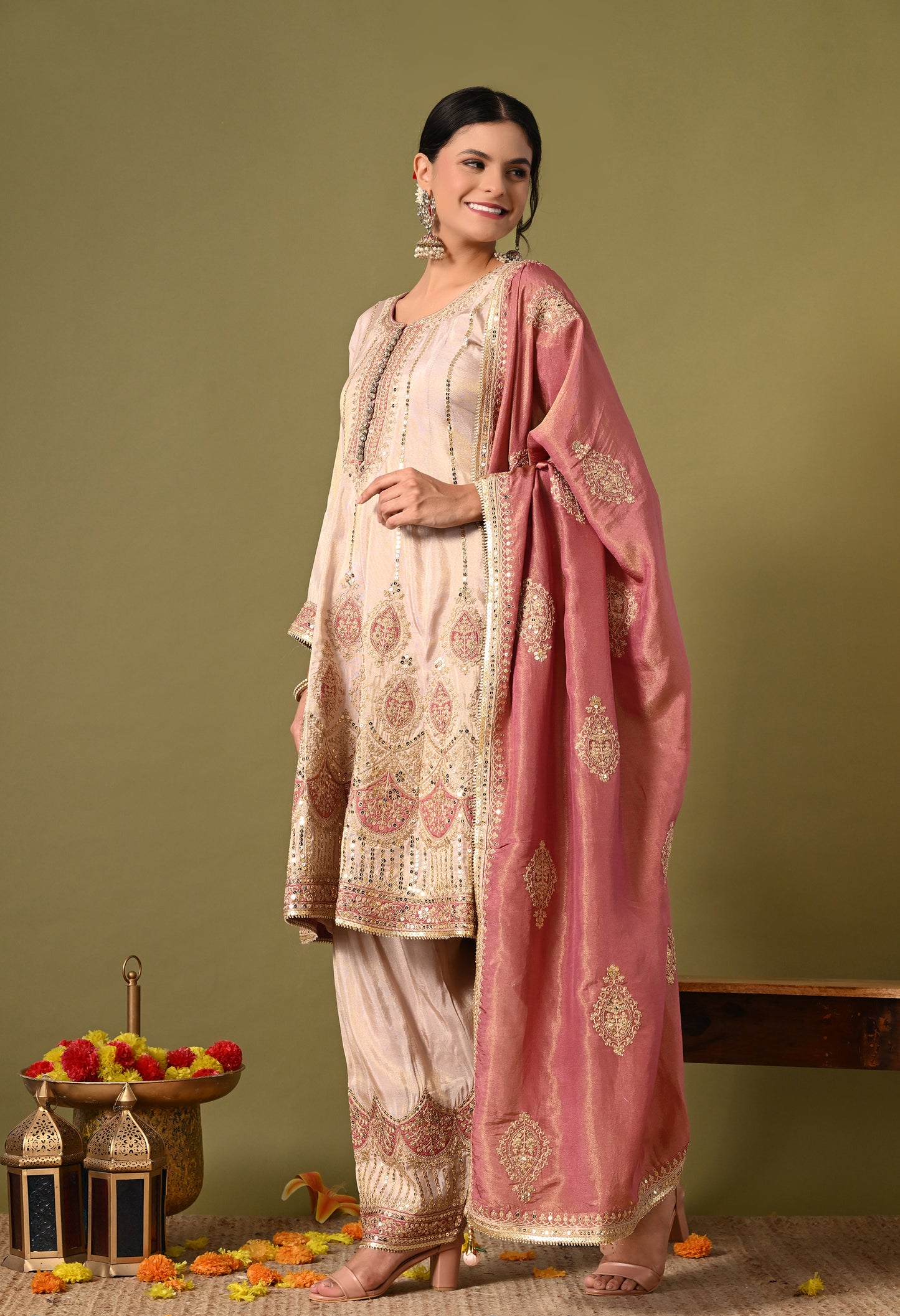 Charming Cream Kurta Set with Zardozi and Sequence Work