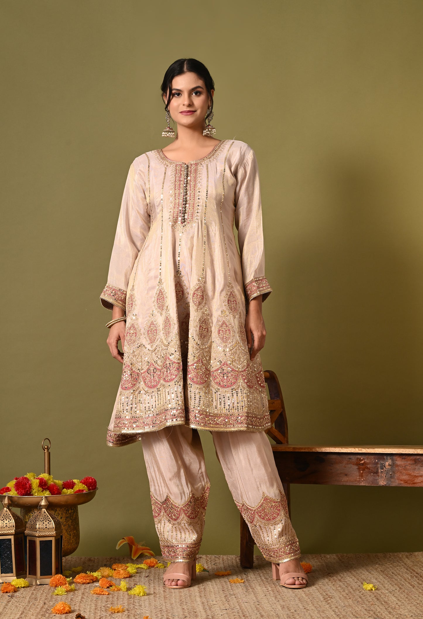 Charming Cream Kurta Set with Zardozi and Sequence Work