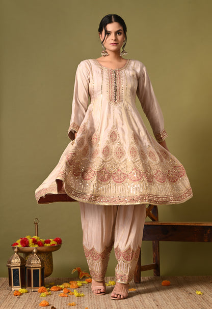 Charming Cream Kurta Set with Zardozi and Sequence Work