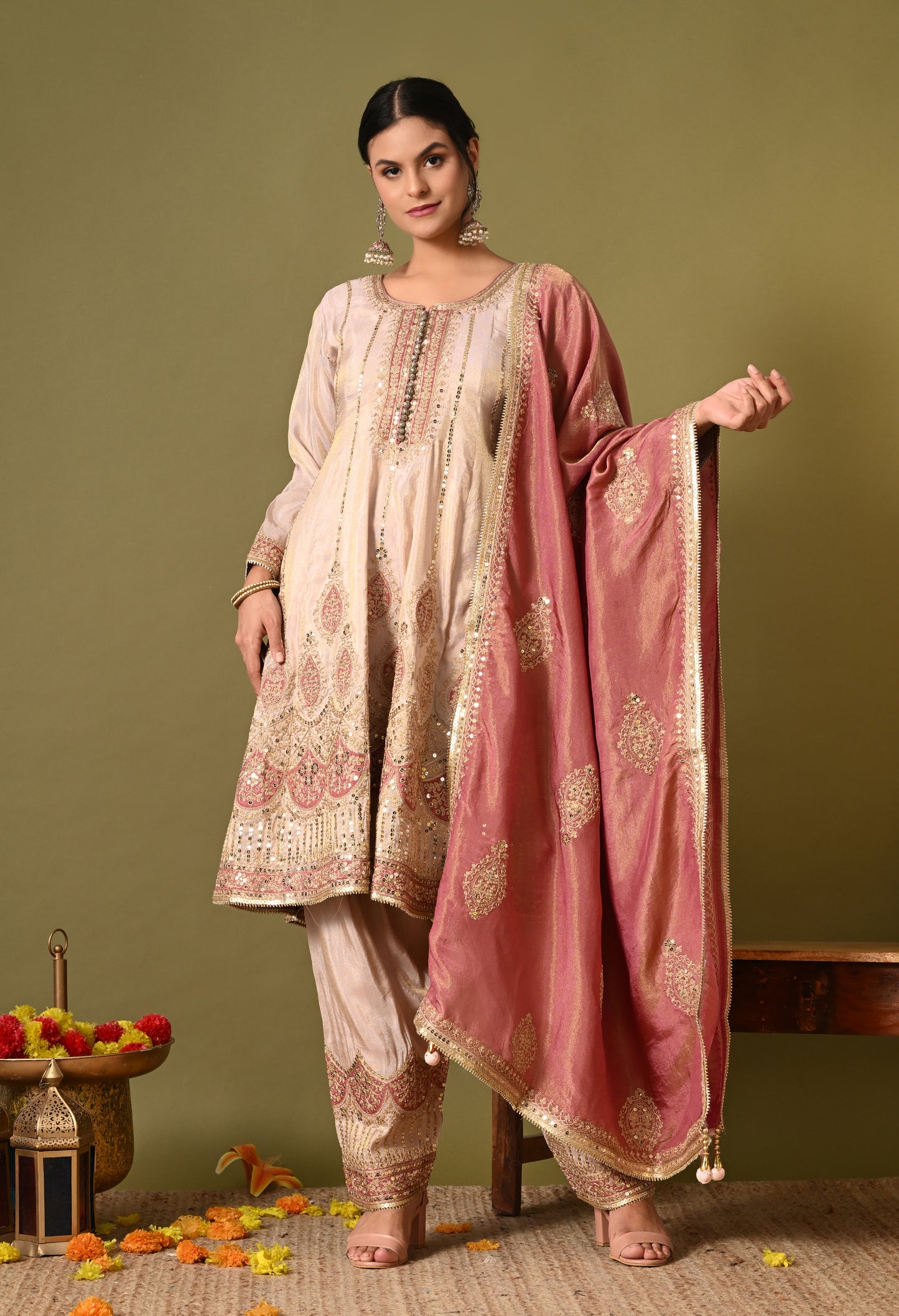 Charming Cream Kurta Set with Zardozi and Sequence Work