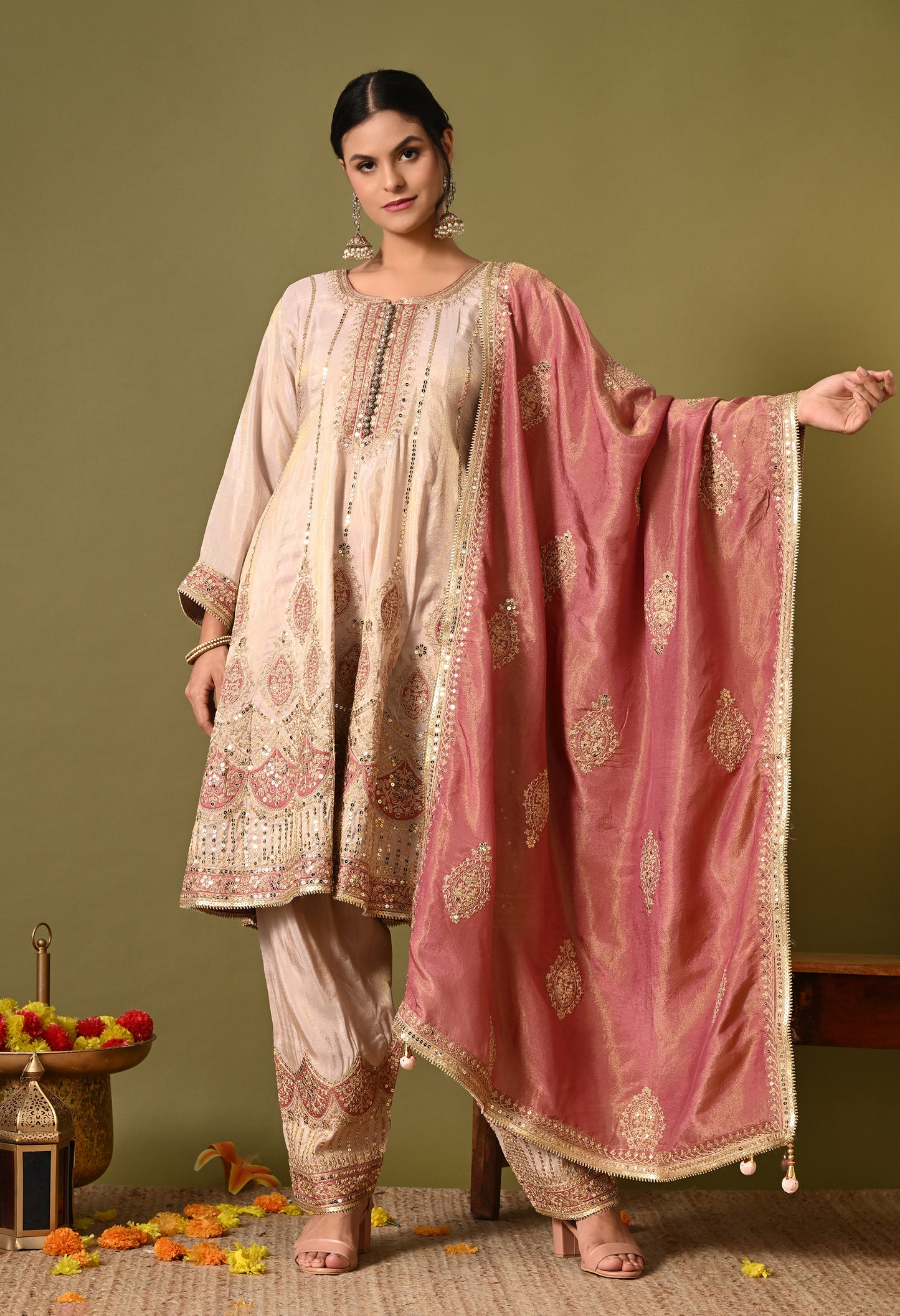 Charming Cream Kurta Set with Zardozi and Sequence Work