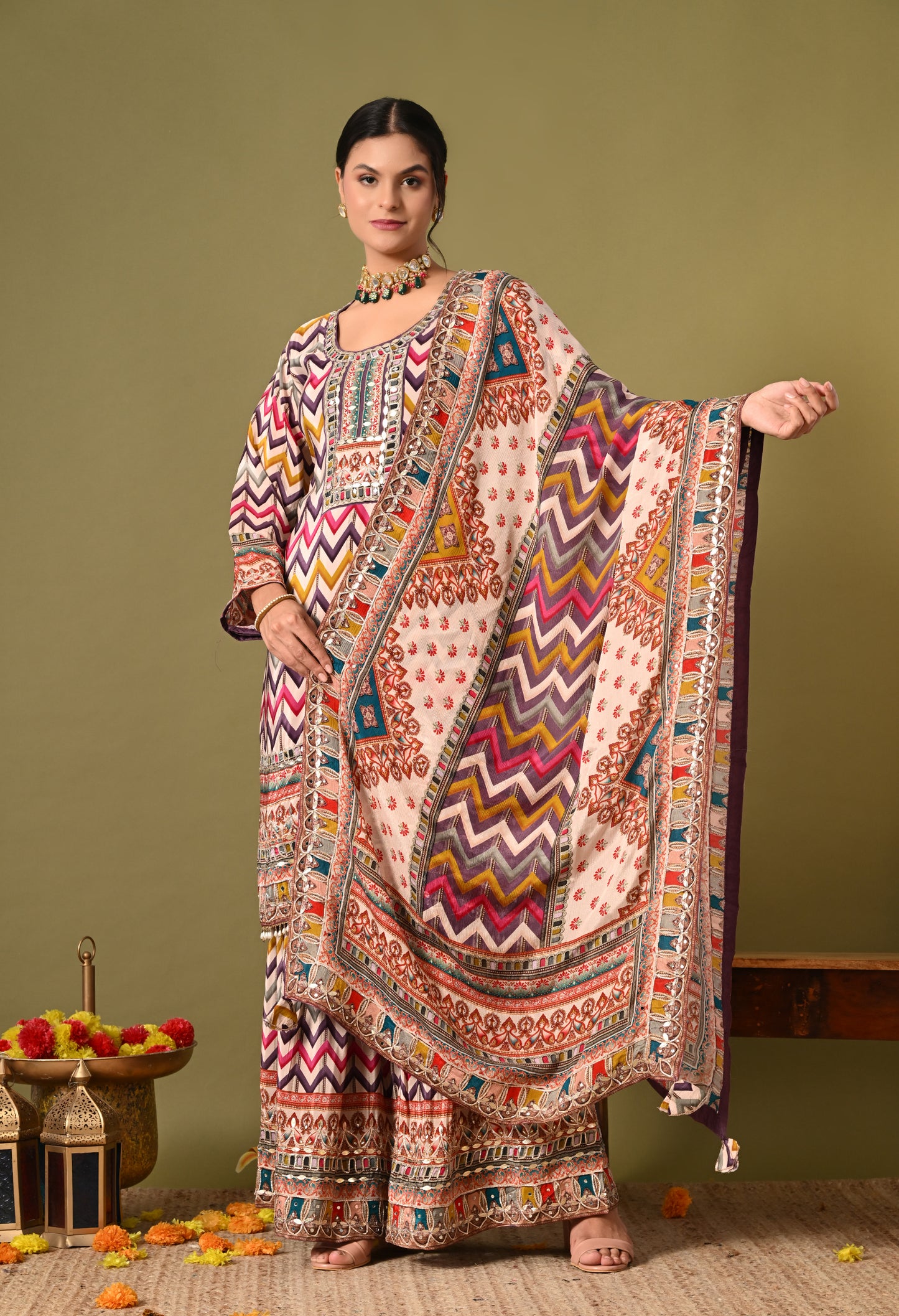 Beautiful Light Purple (Multi Colored) Sharara Set with Zardozi and Mirror Work