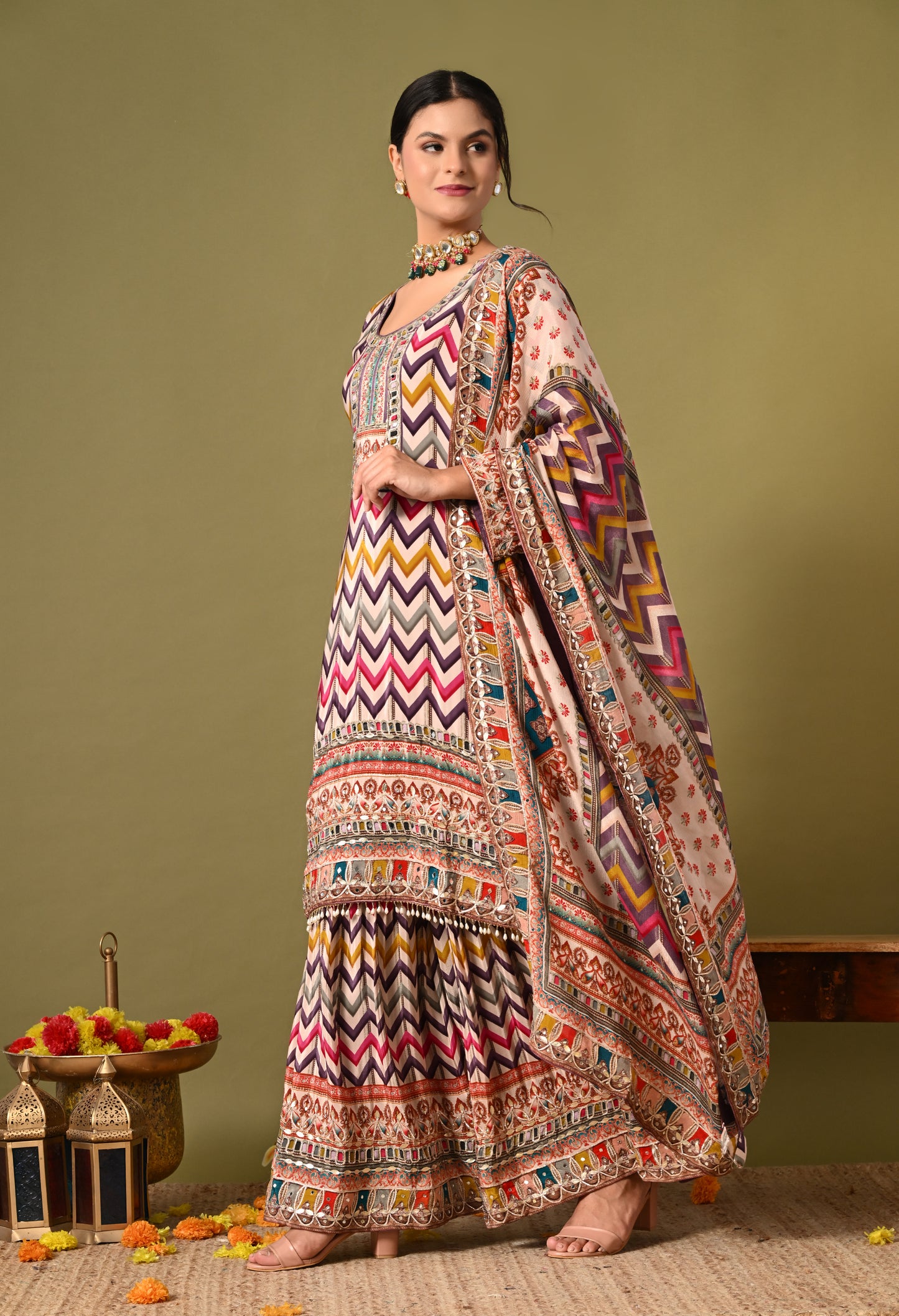 Beautiful Light Purple (Multi Colored) Sharara Set with Zardozi and Mirror Work