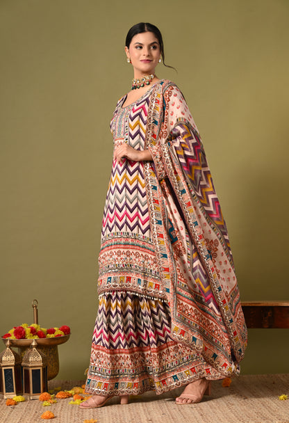 Beautiful Light Purple (Multi Colored) Sharara Set with Zardozi and Mirror Work