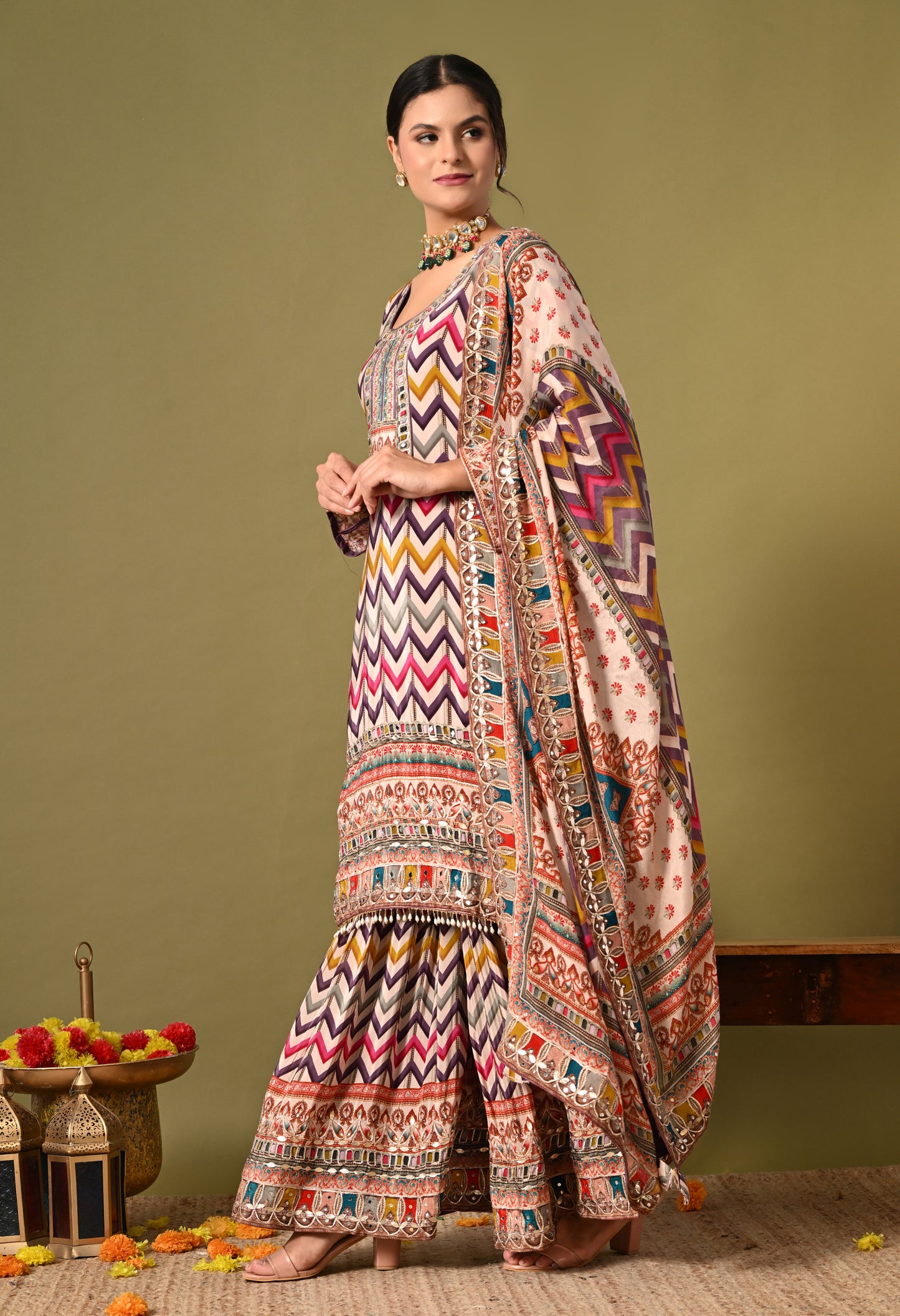 Beautiful Light Purple (Multi Colored) Sharara Set with Zardozi and Mirror Work