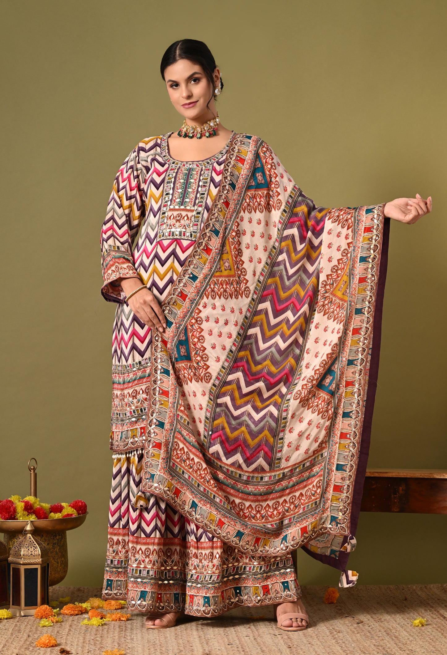 Beautiful Light Purple (Multi Colored) Sharara Set with Zardozi and Mirror Work