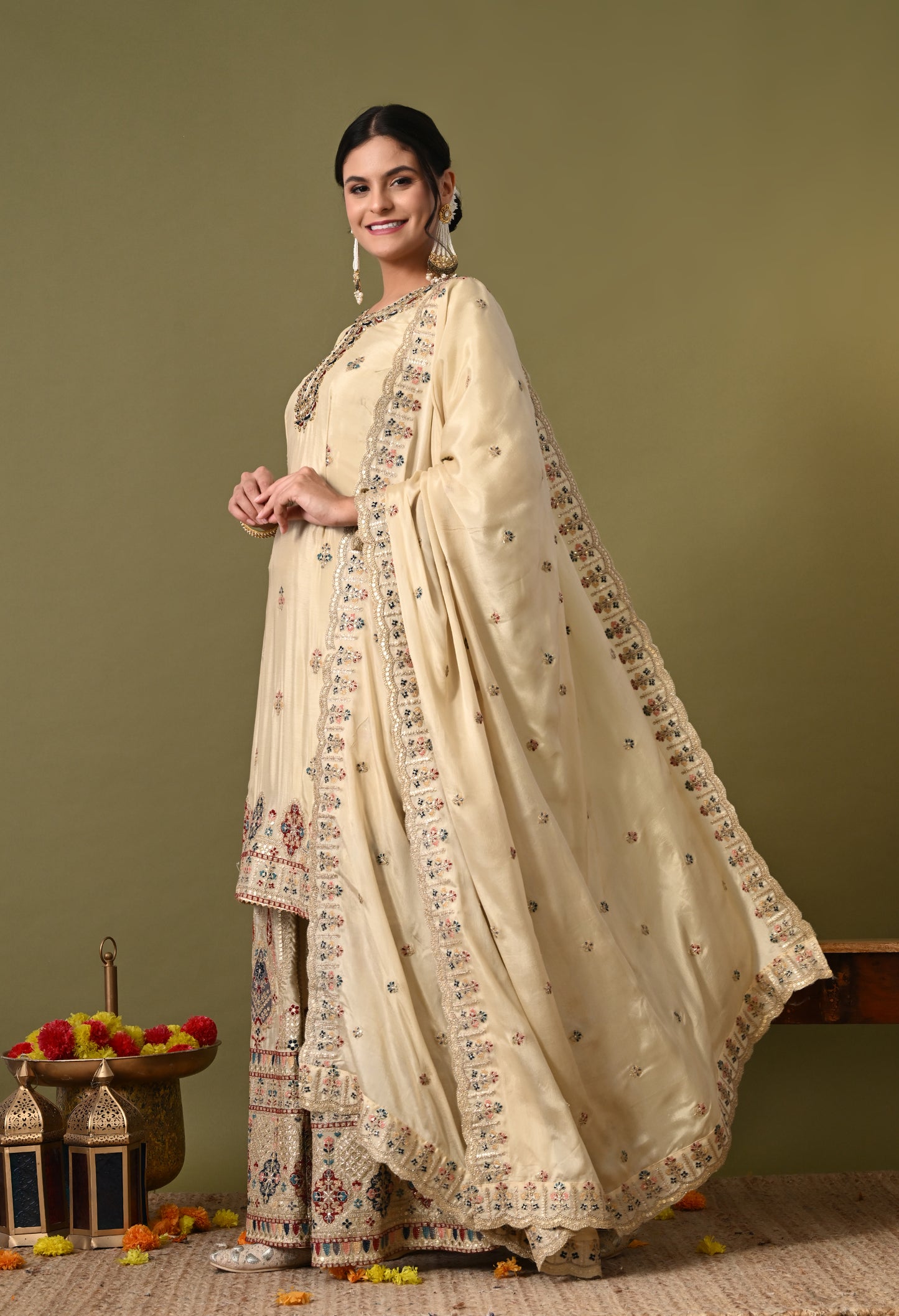 Charismatic Green Beige Sharara Set with Zardozi, Crystal, and Cutdana Work