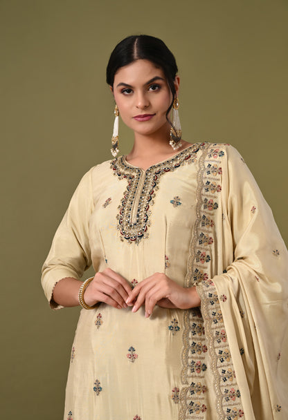 Charismatic Green Beige Sharara Set with Zardozi, Crystal, and Cutdana Work