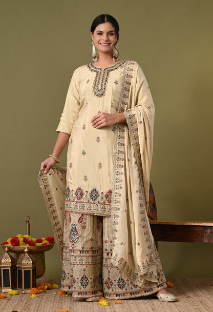 Charismatic Green Beige Sharara Set with Zardozi, Crystal, and Cutdana Work