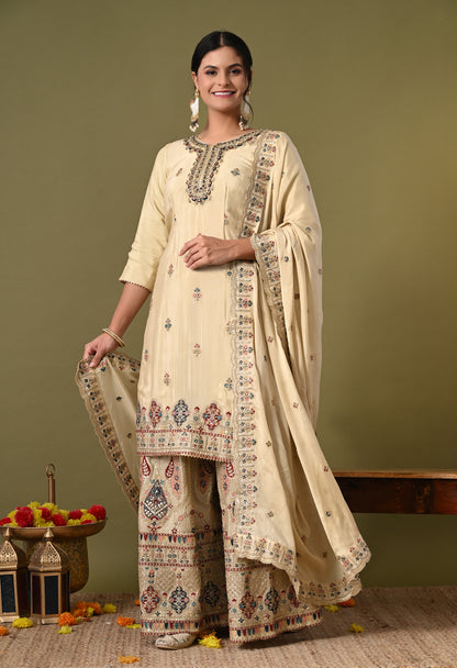 Charismatic Green Beige Sharara Set with Zardozi, Crystal, and Cutdana Work