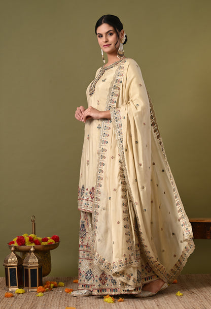 Charismatic Green Beige Sharara Set with Zardozi, Crystal, and Cutdana Work