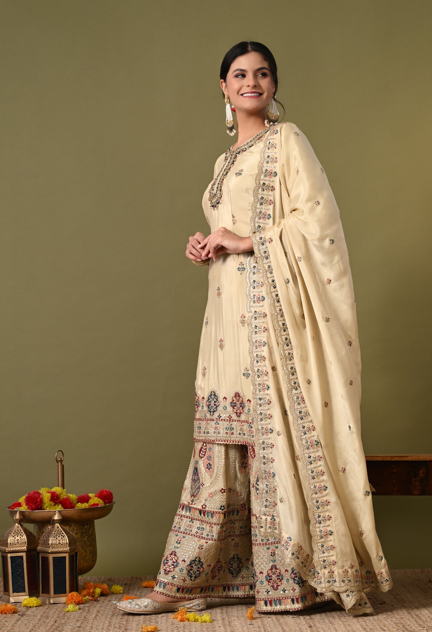 Charismatic Green Beige Sharara Set with Zardozi, Crystal, and Cutdana Work