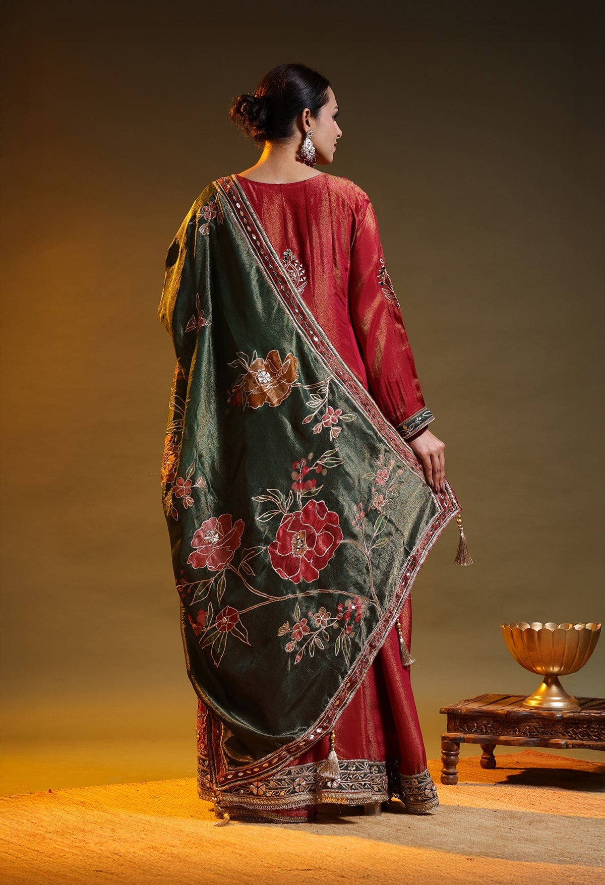 Reddish Orange Tissue Organza Gotta–Applique Anarkali Set