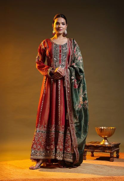 Reddish Orange Tissue Organza Gotta–Applique Anarkali Set