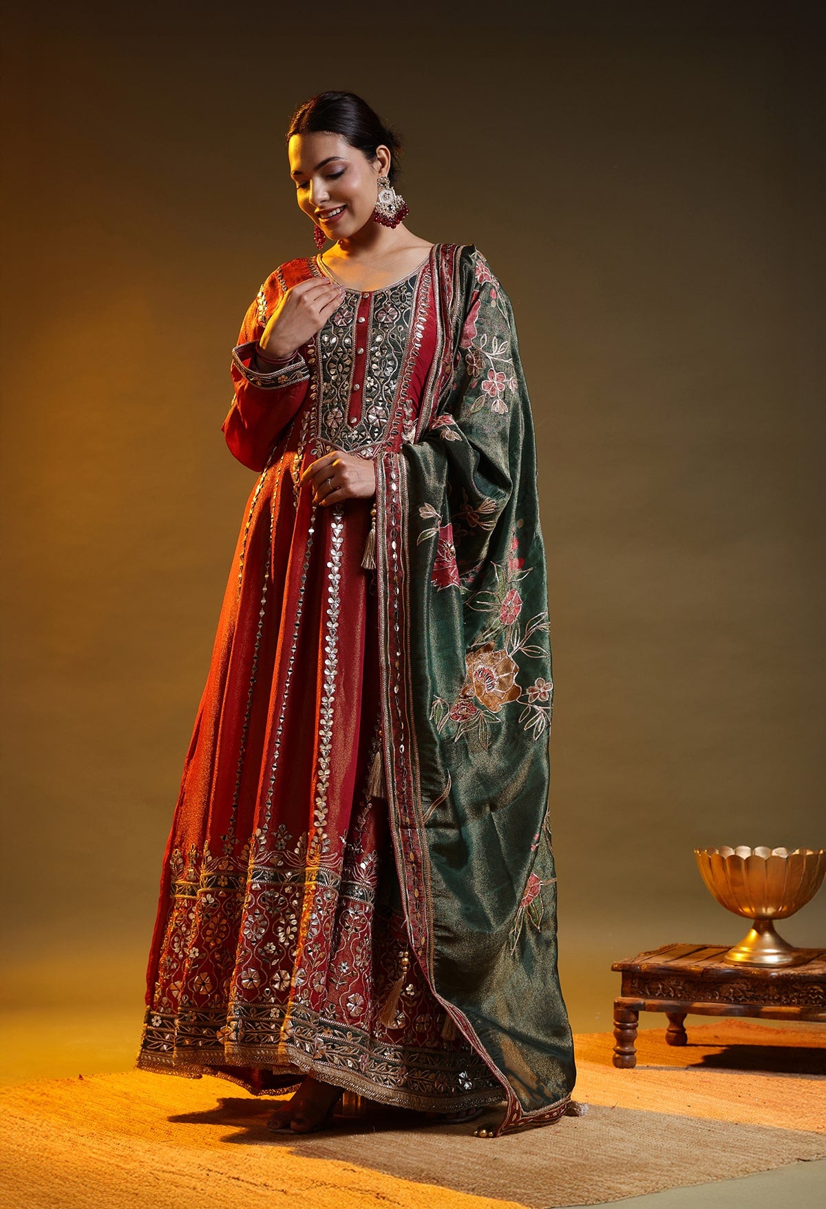 Reddish Orange Tissue Organza Gotta–Applique Anarkali Set