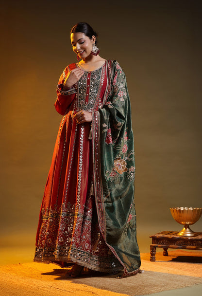 Reddish Orange Tissue Organza Gotta–Applique Anarkali Set