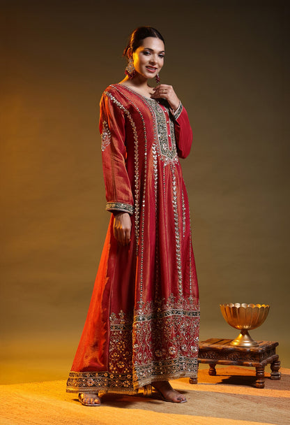 Reddish Orange Tissue Organza Gotta–Applique Anarkali Set
