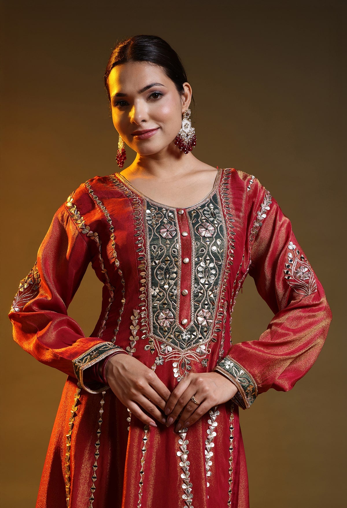 Reddish Orange Tissue Organza Gotta–Applique Anarkali Set