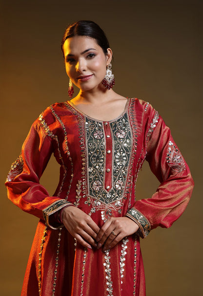 Reddish Orange Tissue Organza Gotta–Applique Anarkali Set