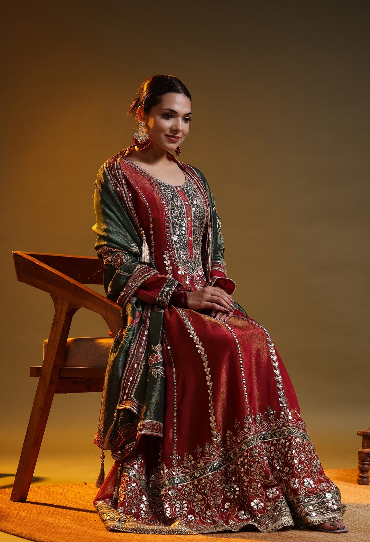 Reddish Orange Tissue Organza Gotta–Applique Anarkali Set