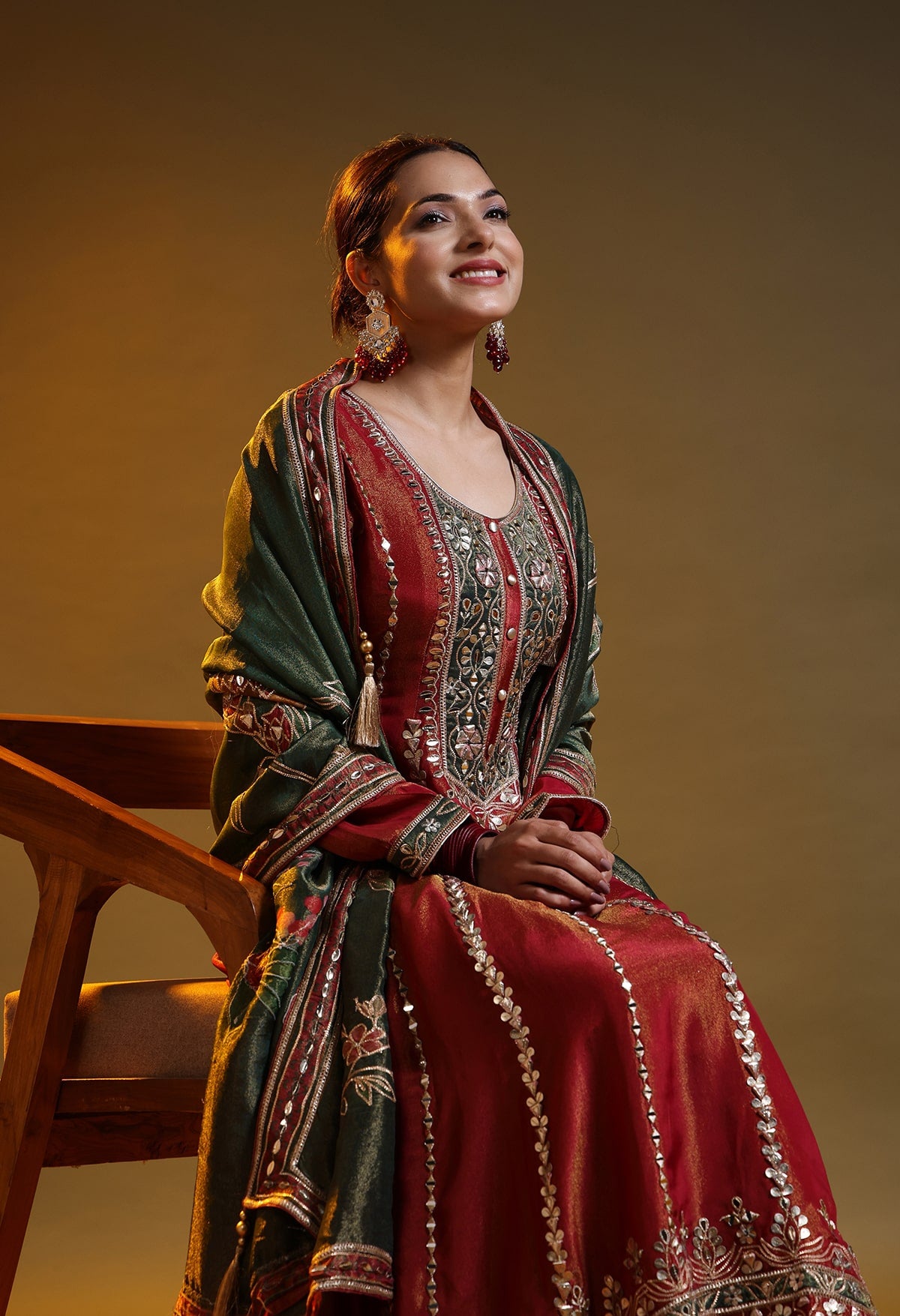 Reddish Orange Tissue Organza Gotta–Applique Anarkali Set