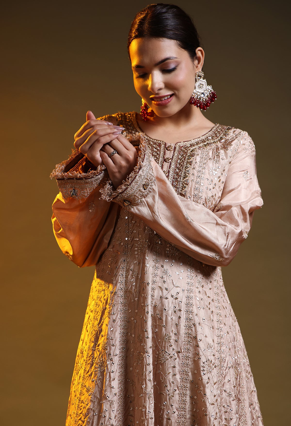 Golden Brown Crepe Silk & Organza Gotta–Sequence–Zardozi–Mirror Anarkali Set