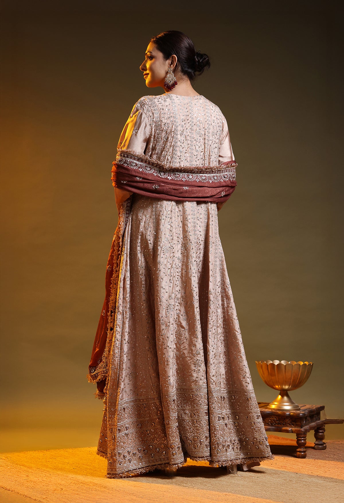 Golden Brown Crepe Silk & Organza Gotta–Sequence–Zardozi–Mirror Anarkali Set