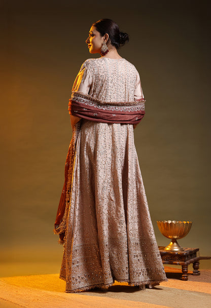 Golden Brown Crepe Silk & Organza Gotta–Sequence–Zardozi–Mirror Anarkali Set