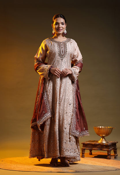 Golden Brown Crepe Silk & Organza Gotta–Sequence–Zardozi–Mirror Anarkali Set