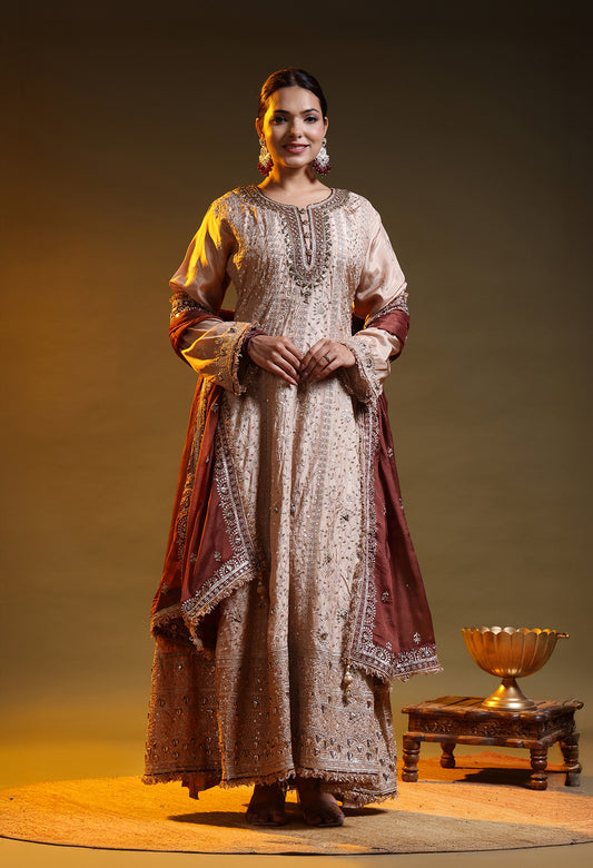 Golden Brown Crepe Silk & Organza Gotta–Sequence–Zardozi–Mirror Anarkali Set