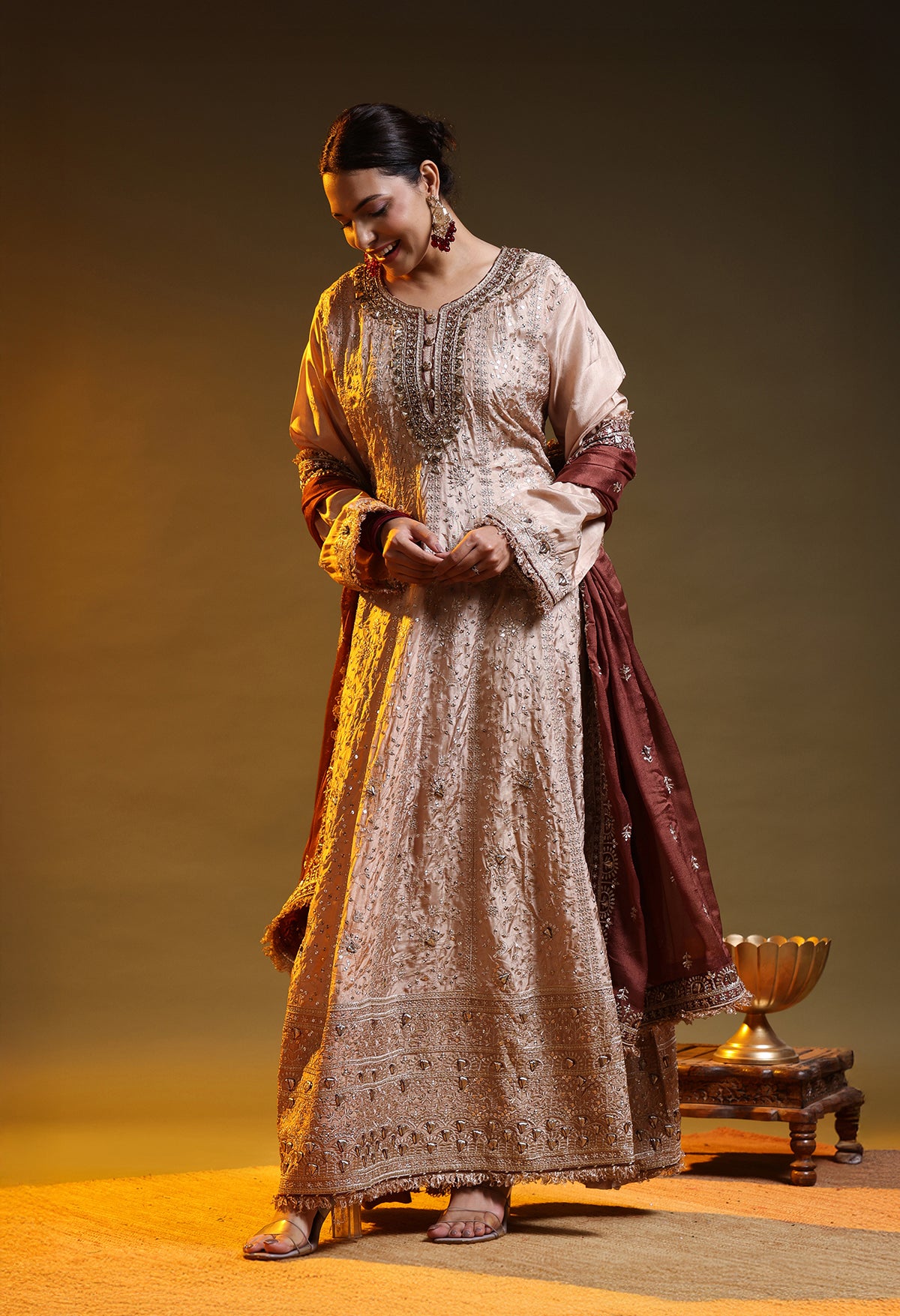 Golden Brown Crepe Silk & Organza Gotta–Sequence–Zardozi–Mirror Anarkali Set