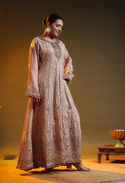 Golden Brown Crepe Silk & Organza Gotta–Sequence–Zardozi–Mirror Anarkali Set
