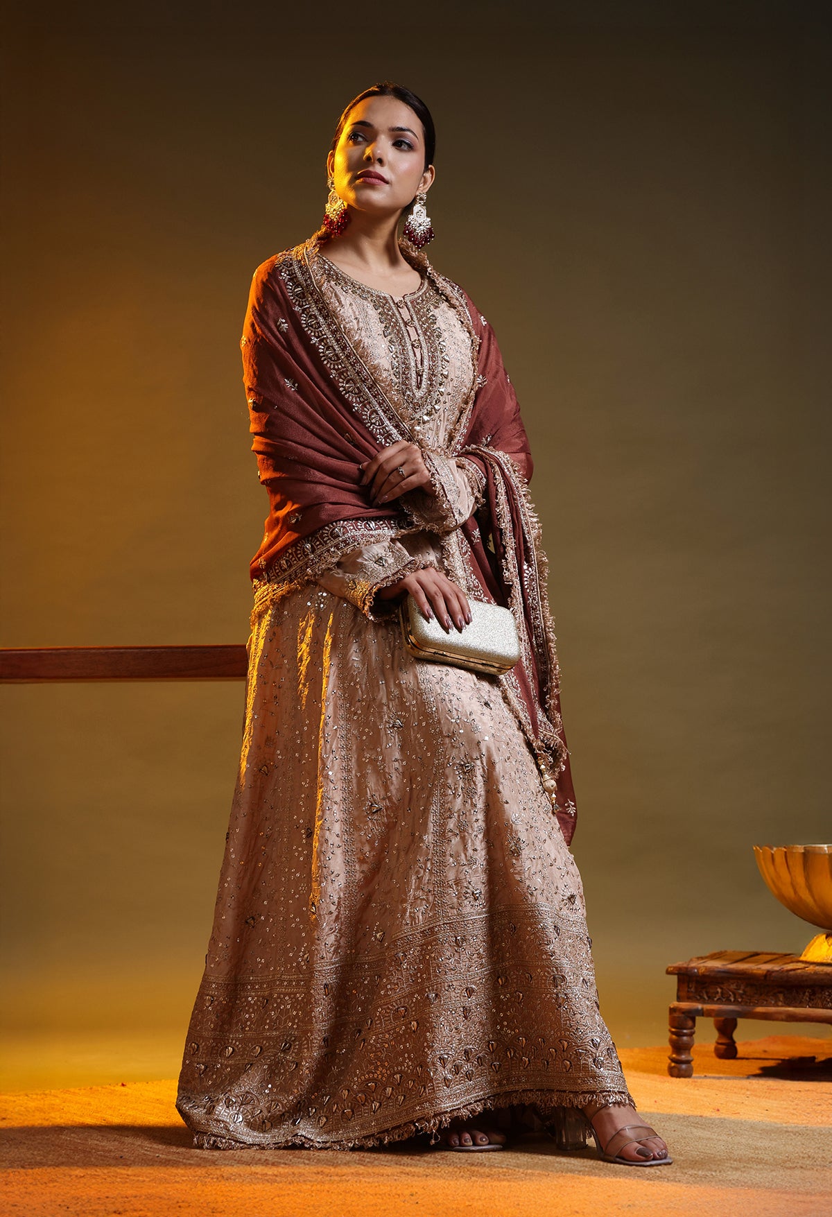 Golden Brown Crepe Silk & Organza Gotta–Sequence–Zardozi–Mirror Anarkali Set