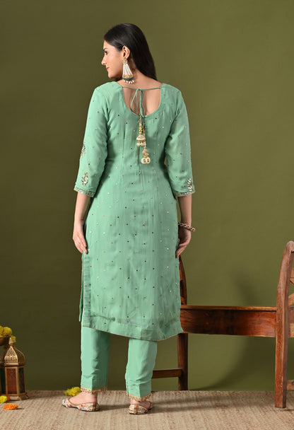 Light Green Georgette & Crepe Mukaish Kurta Set