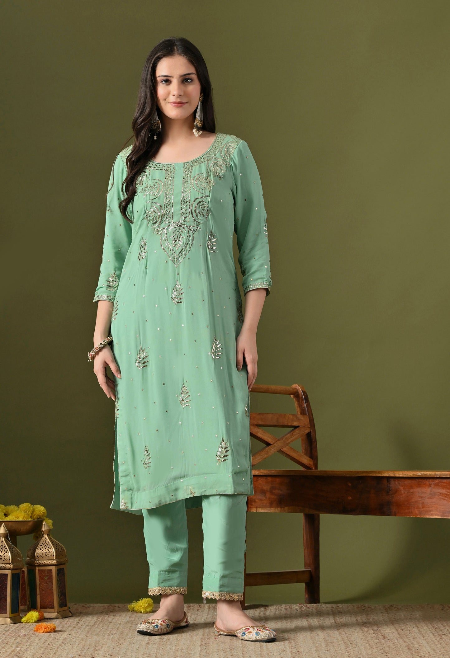 Light Green Georgette & Crepe Mukaish Kurta Set