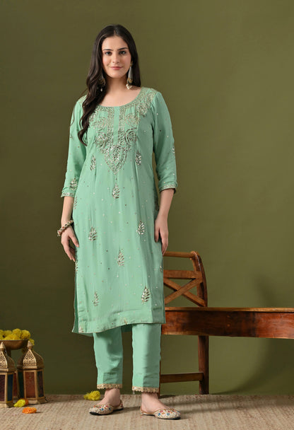 Light Green Georgette & Crepe Mukaish Kurta Set