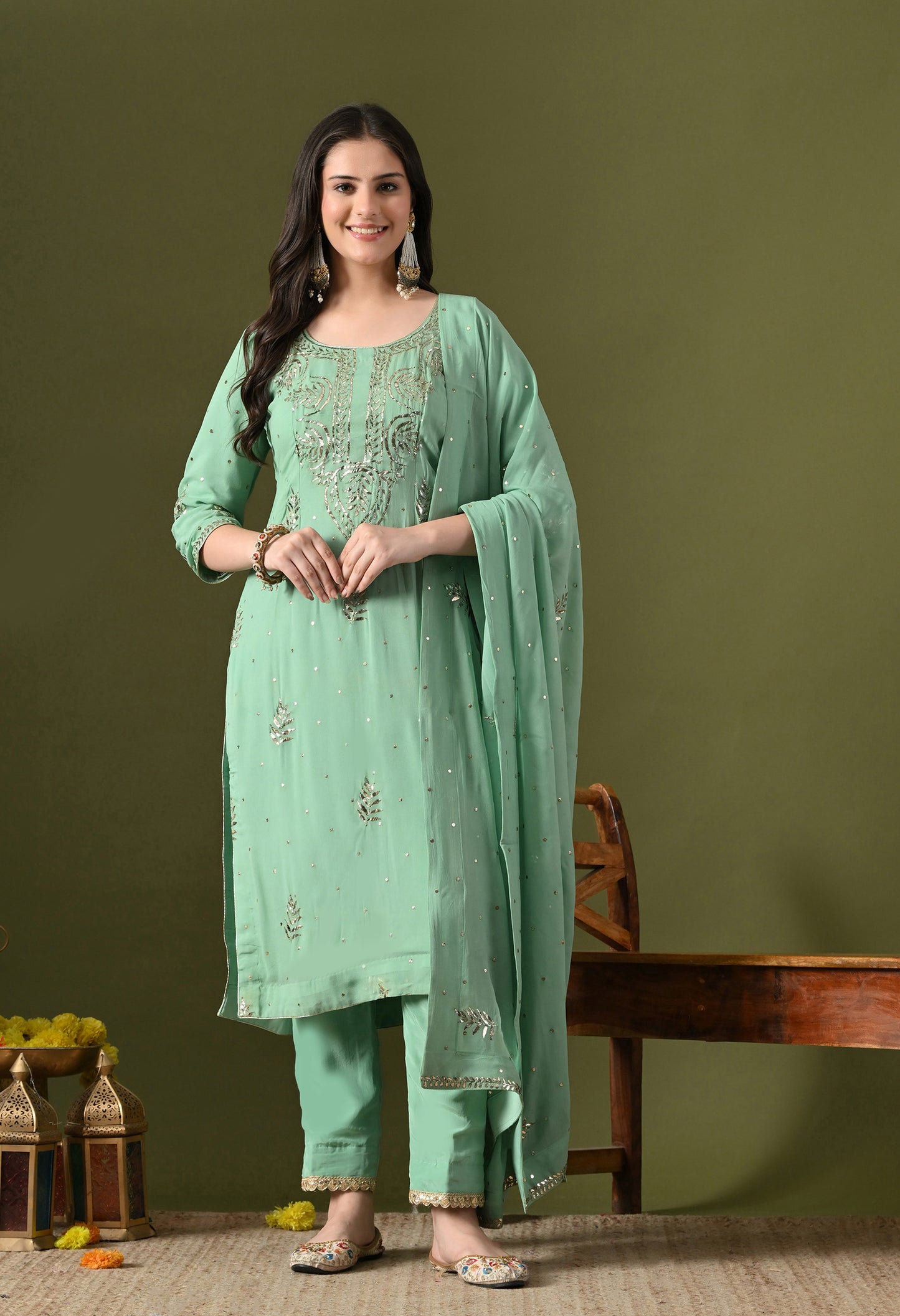 Light Green Georgette & Crepe Mukaish Kurta Set