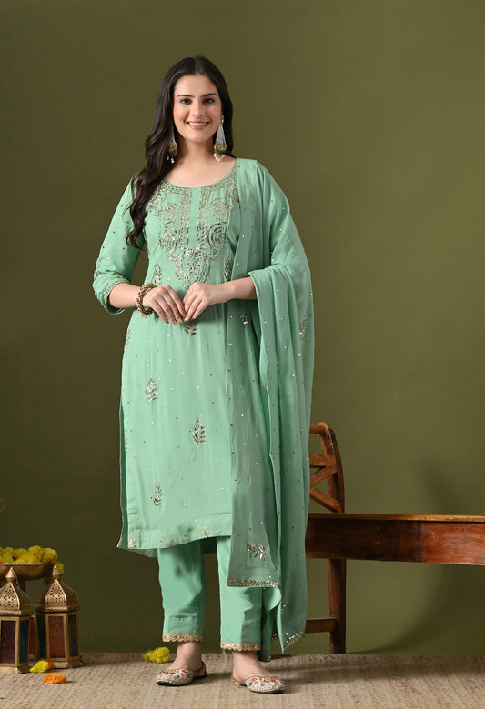 Light Green Georgette & Crepe Mukaish Kurta Set