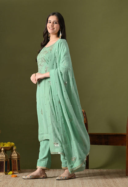 Light Green Georgette & Crepe Mukaish Kurta Set