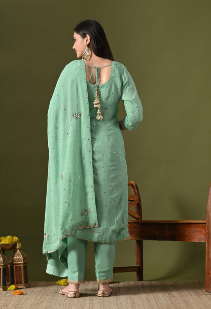 Light Green Georgette & Crepe Mukaish Kurta Set