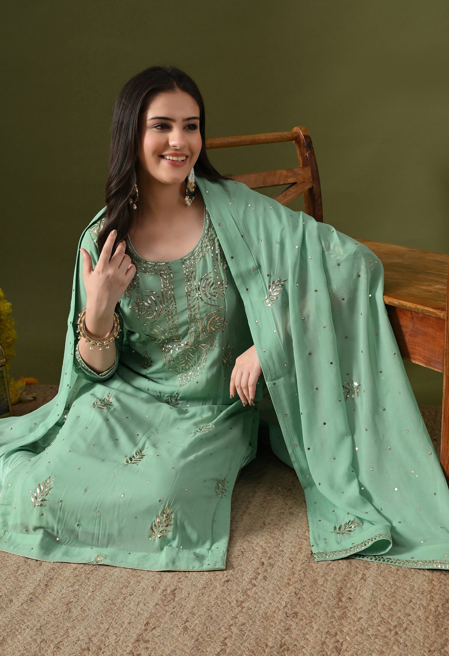 Light Green Georgette & Crepe Mukaish Kurta Set