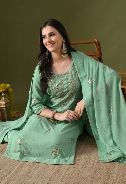 Light Green Georgette & Crepe Mukaish Kurta Set