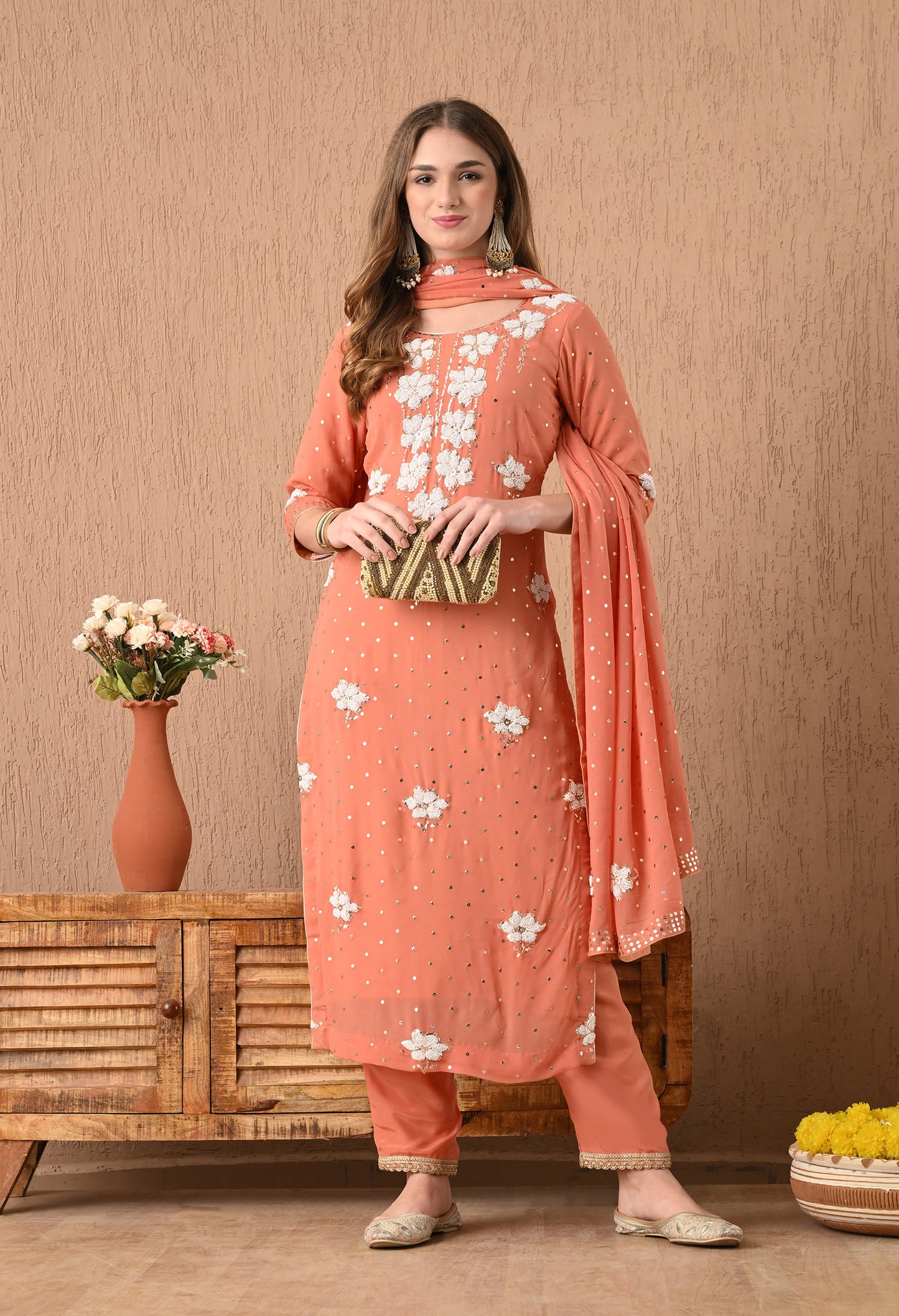 Gracious Dark Peach Kurta Set with Mukaish, Zardozi, Pearl, and Sequence Work