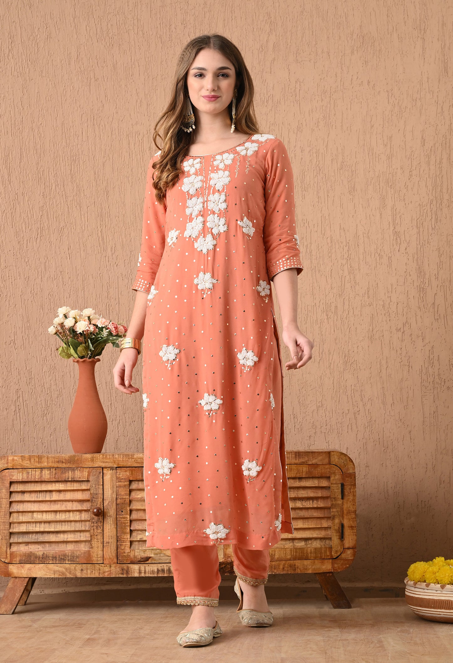 Gracious Dark Peach Kurta Set with Mukaish, Zardozi, Pearl, and Sequence Work