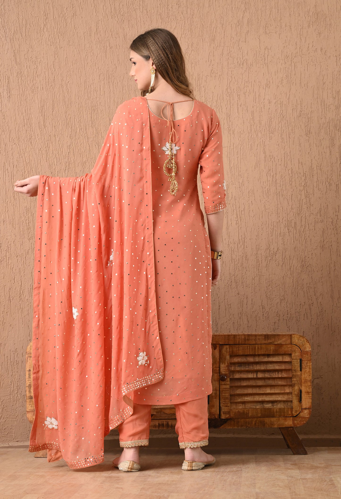 Gracious Dark Peach Kurta Set with Mukaish, Zardozi, Pearl, and Sequence Work