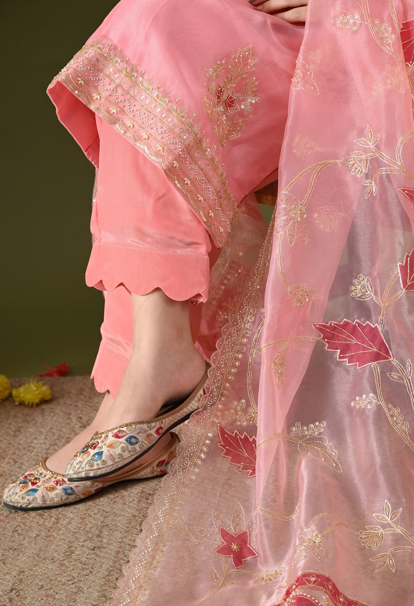 Pink Tissue Organza & Crepe Zardozi–Pearl–Sequence Kurta Set