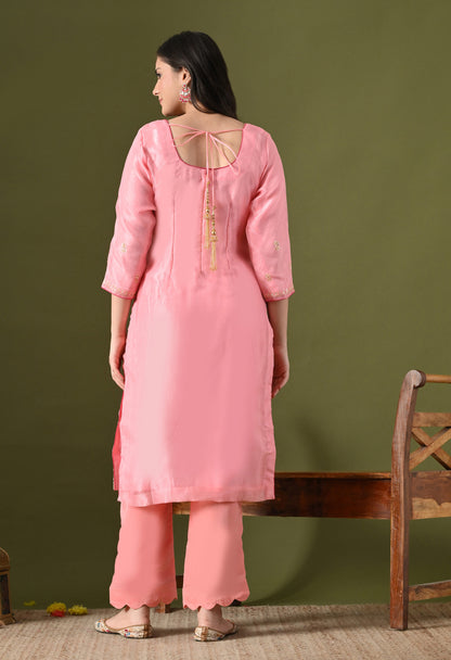 Pink Tissue Organza & Crepe Zardozi–Pearl–Sequence Kurta Set